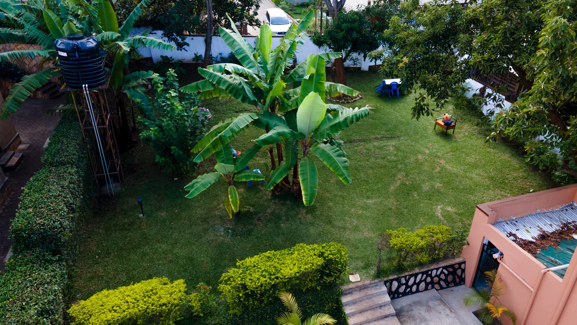 Banana trees, lawn and a water tank in the KaraSpace garden