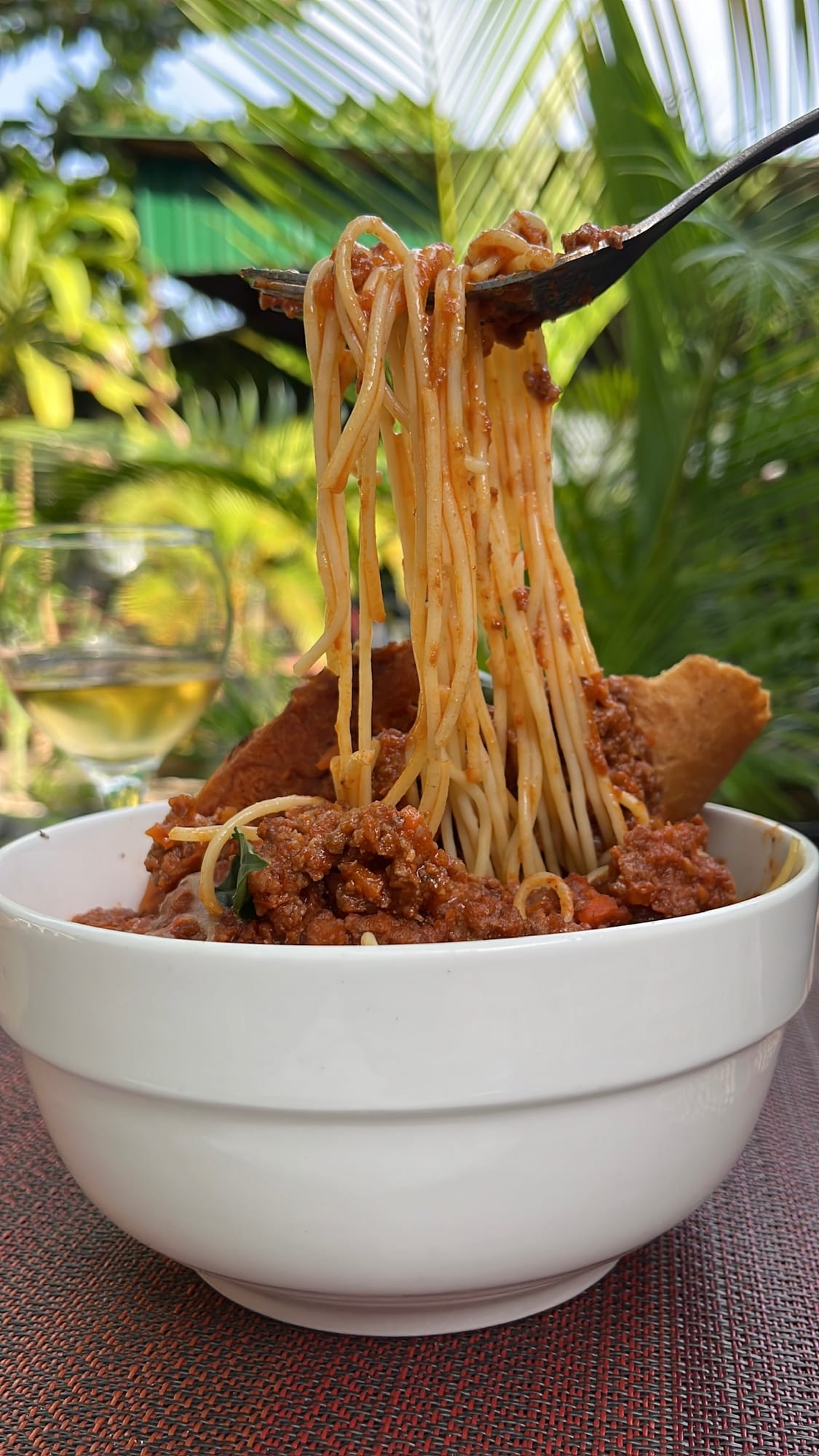 A bowl of spaghetti bolognese lifted on a fork in the garden