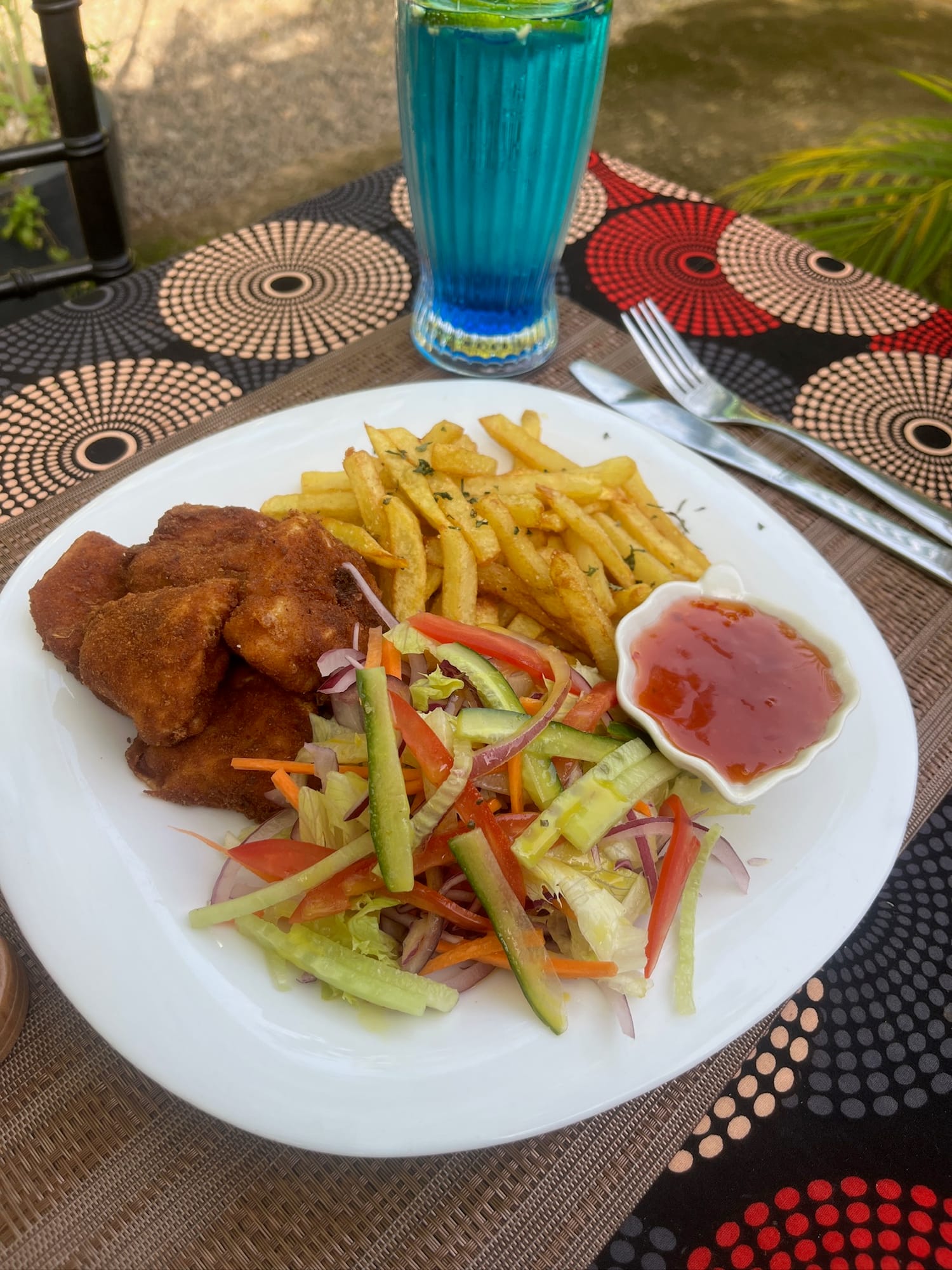Crumbed chicken with golden fries, fresh salad and sweet chilli sauce
